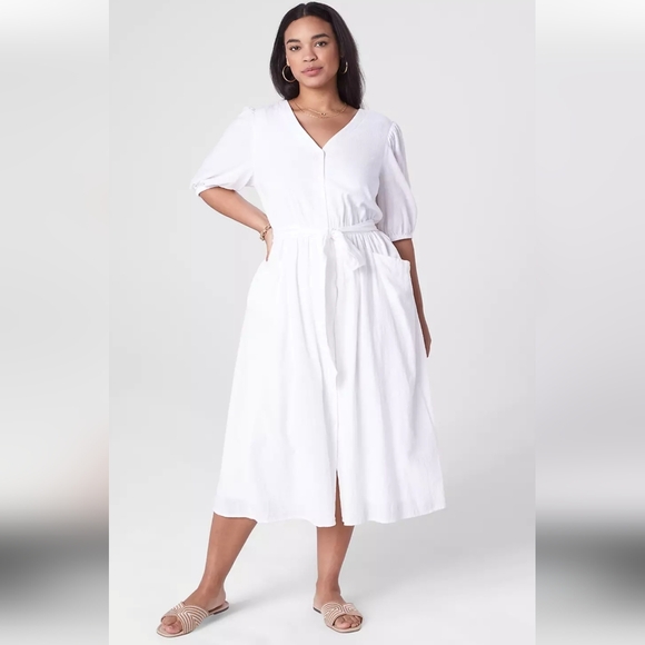 Lane Bryant Dresses & Skirts - Lane Bryant Cotton White V-Neck Midi Dress with Tie Waist